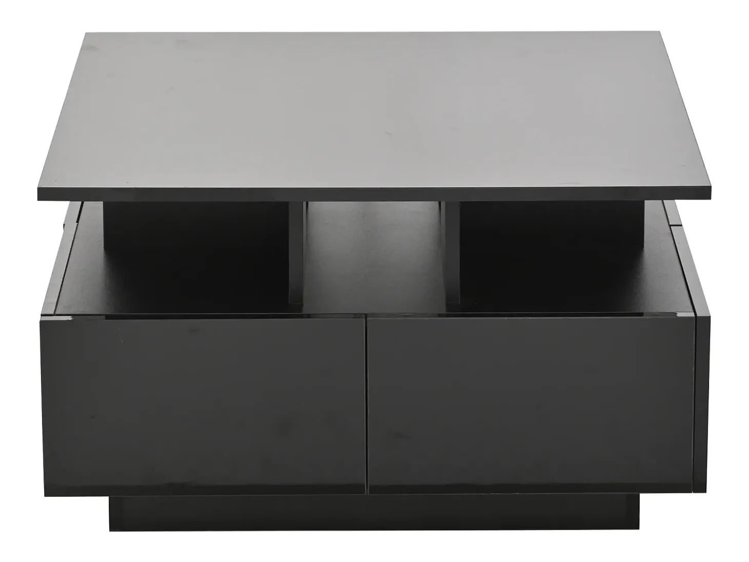 Mesa de centro quadrada com 4 gavetas e iluminação LED - Acabamento em preto brilhante