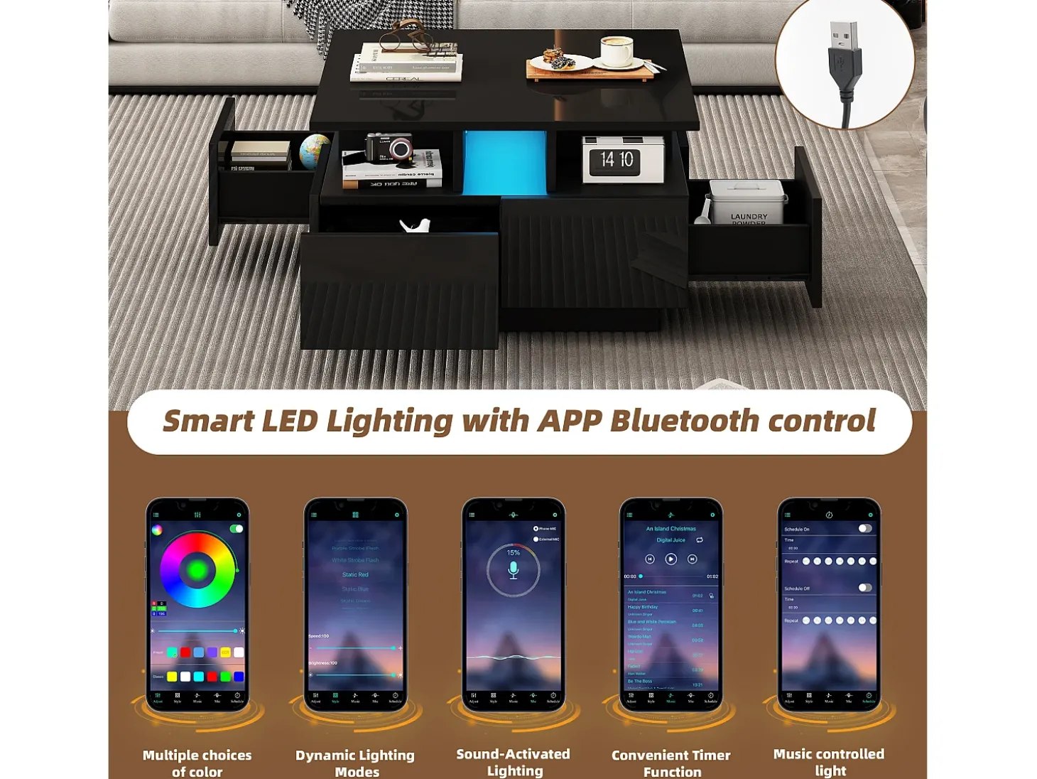Mesa de centro quadrada com 4 gavetas e iluminação LED - Acabamento em preto brilhante