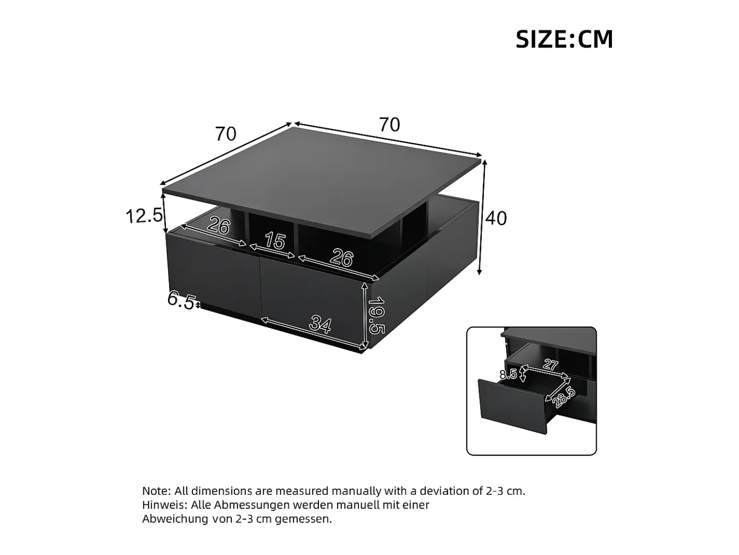 Mesa de centro quadrada com 4 gavetas e iluminação LED - Acabamento em preto brilhante