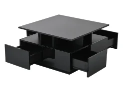 Mesa de centro quadrada com 4 gavetas e iluminação LED - Acabamento em preto brilhante
