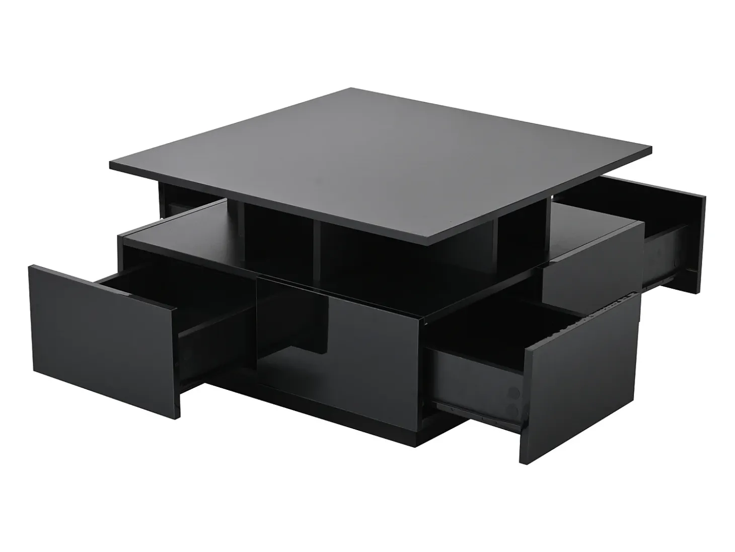 Mesa de centro quadrada com 4 gavetas e iluminação LED - Acabamento em preto brilhante