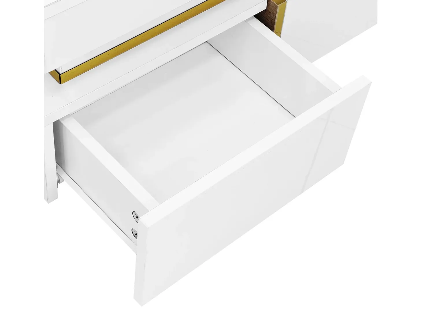 Mesa de centro quadrada com acabamento brilhante e 2 gavetas - Detalhes dourados - Branca