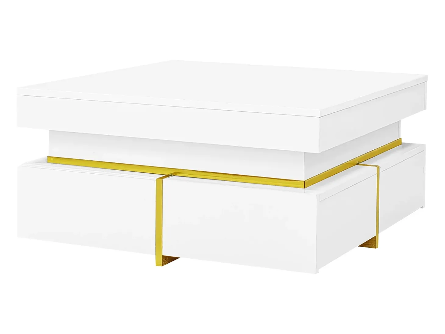 Mesa de centro quadrada com acabamento brilhante e 2 gavetas - Detalhes dourados - Branca