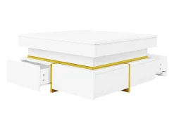Mesa de centro quadrada com acabamento brilhante e 2 gavetas - Detalhes dourados - Branca