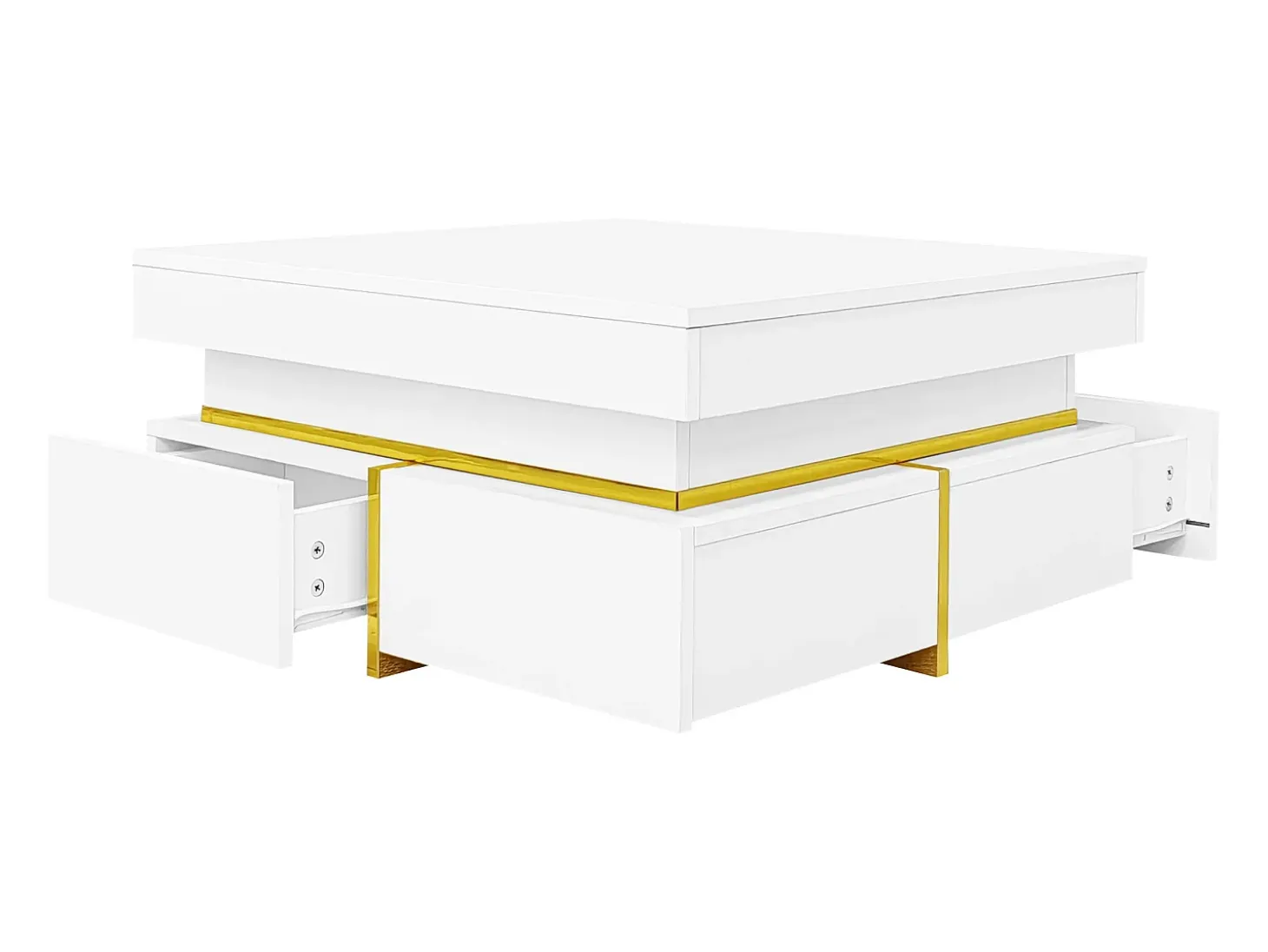 Mesa de centro quadrada com acabamento brilhante e 2 gavetas - Detalhes dourados - Branca