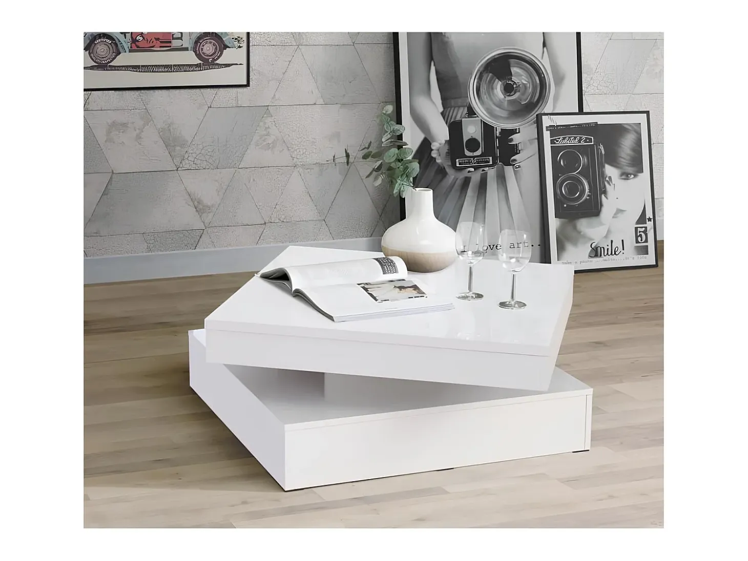 Mesa de centro quadrada com tampo giratório branco brilhante para uma sala de estar moderna e prática