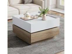 Mesa de centro quadrada giratória 360° - com 2 gavetas - 60x60x38 cm - Branco e Natural