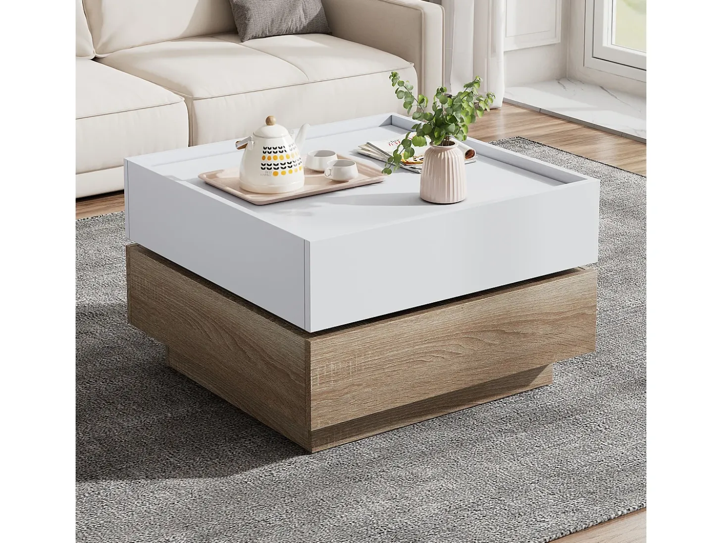 Mesa de centro quadrada giratória 360° - com 2 gavetas - 60x60x38 cm - Branco e Natural