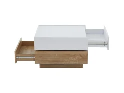 Mesa de centro quadrada giratória 360° - com 2 gavetas - 60x60x38 cm - Branco e Natural