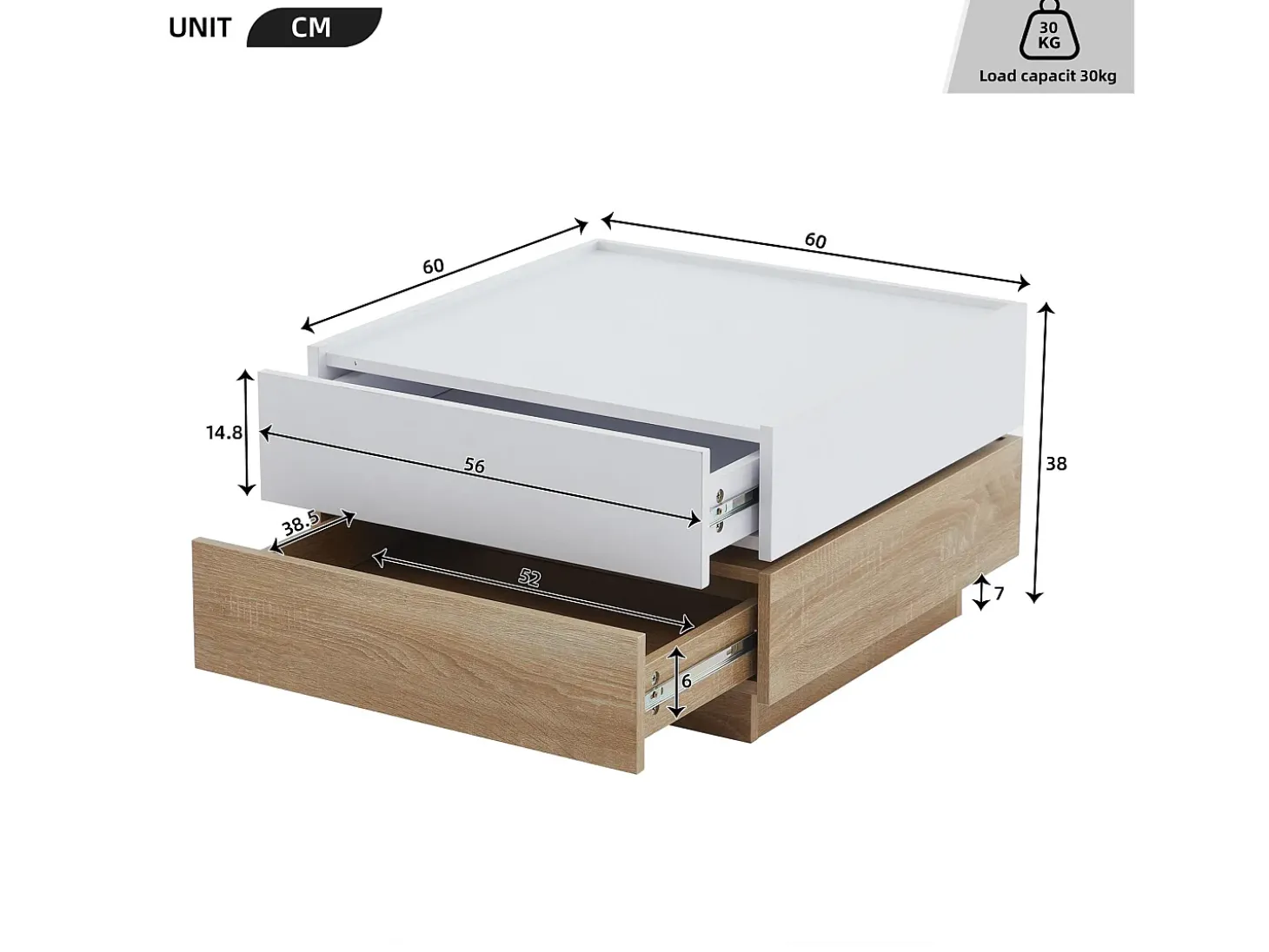 Mesa de centro quadrada giratória 360° - com 2 gavetas - 60x60x38 cm - Branco e Natural