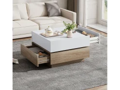 Mesa de centro quadrada giratória 360° - com 2 gavetas - 60x60x38 cm - Branco e Natural