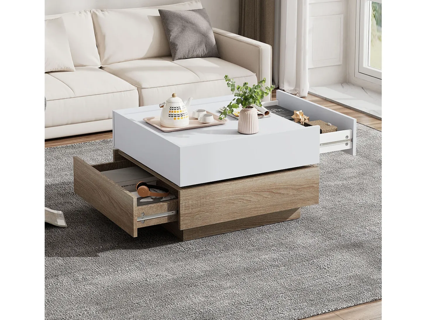 Mesa de centro quadrada giratória 360° - com 2 gavetas - 60x60x38 cm - Branco e Natural