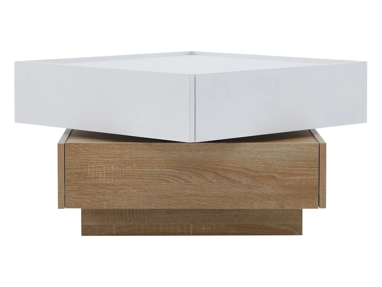 Mesa de centro quadrada giratória 360° - com 2 gavetas - 60x60x38 cm - Branco e Natural