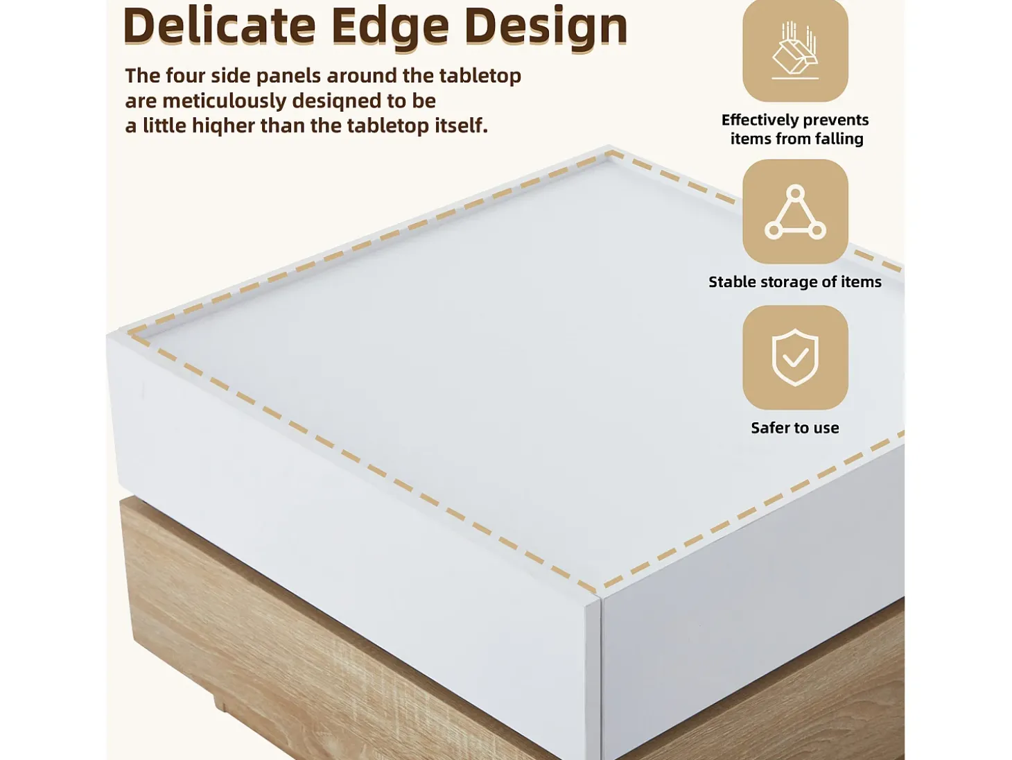 Mesa de centro quadrada giratória 360° - com 2 gavetas - 60x60x38 cm - Branco e Natural
