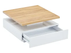 Mesa de centro quadrada giratória 360° - 70x70x36 cm - com 1 gaveta - Branco e Natural