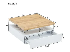 Mesa de centro quadrada giratória 360° - 70x70x36 cm - com 1 gaveta - Branco e Natural