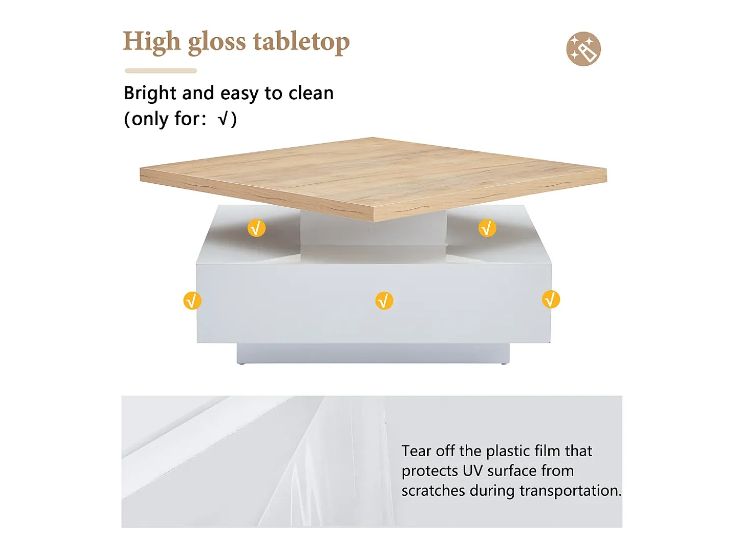 Mesa de centro quadrada giratória 360° - 70x70x36 cm - com 1 gaveta - Branco e Natural