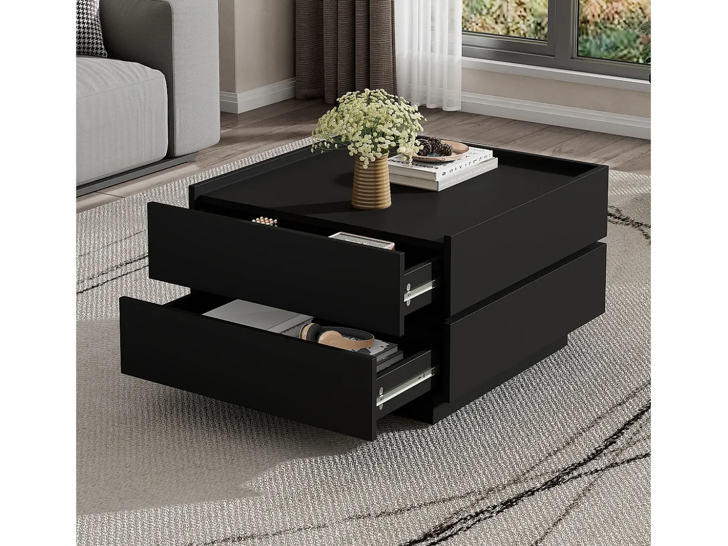 Mesa de centro quadrada giratória com 2 gavetas, preta