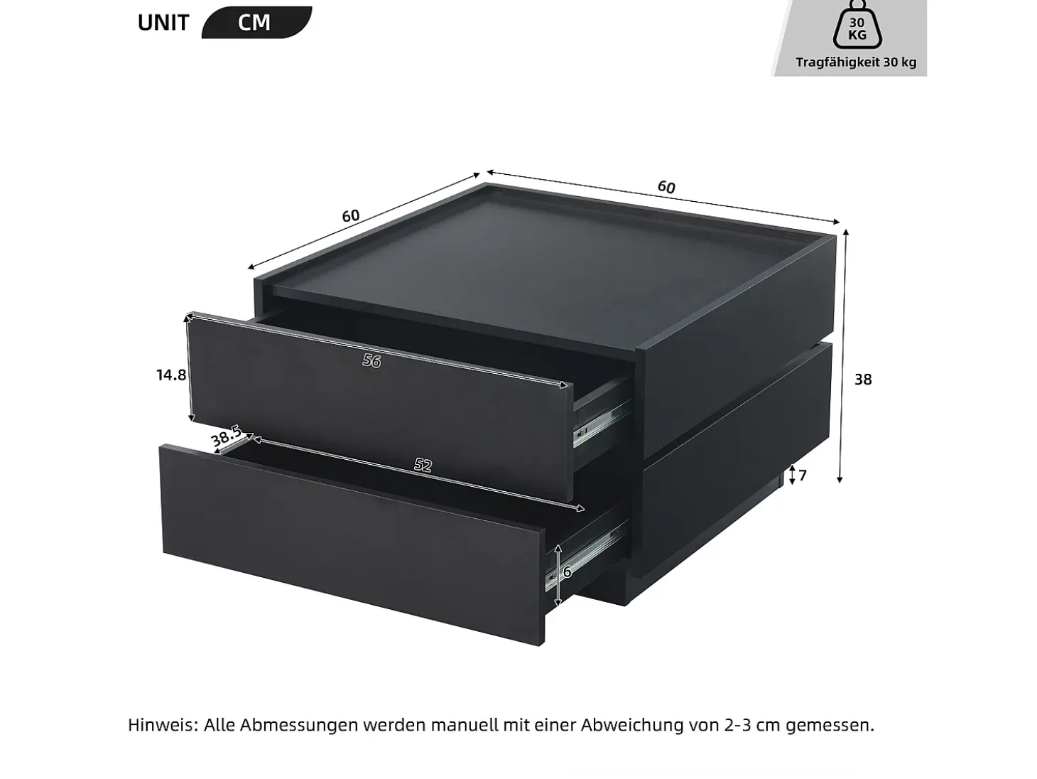 Mesa de centro quadrada giratória com 2 gavetas, preta