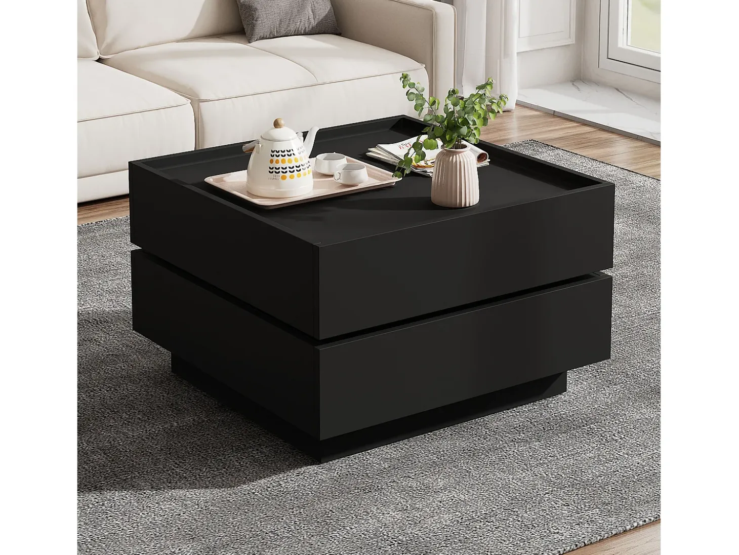 Mesa de centro quadrada giratória com 2 gavetas, preta