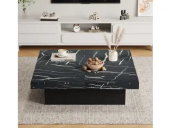 Mesa de centro quadrada moderna - efeito mármore - 90x90x25 cm - 4 gavetas deslizantes - Preto