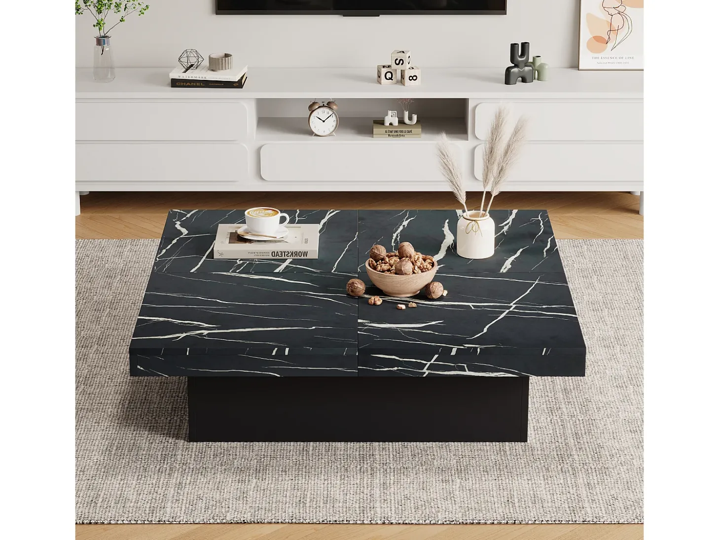 Mesa de centro quadrada moderna - efeito mármore - 90x90x25 cm - 4 gavetas deslizantes - Preto