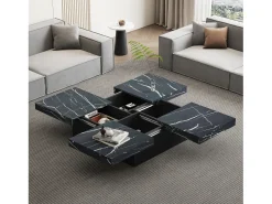 Mesa de centro quadrada moderna - efeito mármore - 90x90x25 cm - 4 gavetas deslizantes - Preto