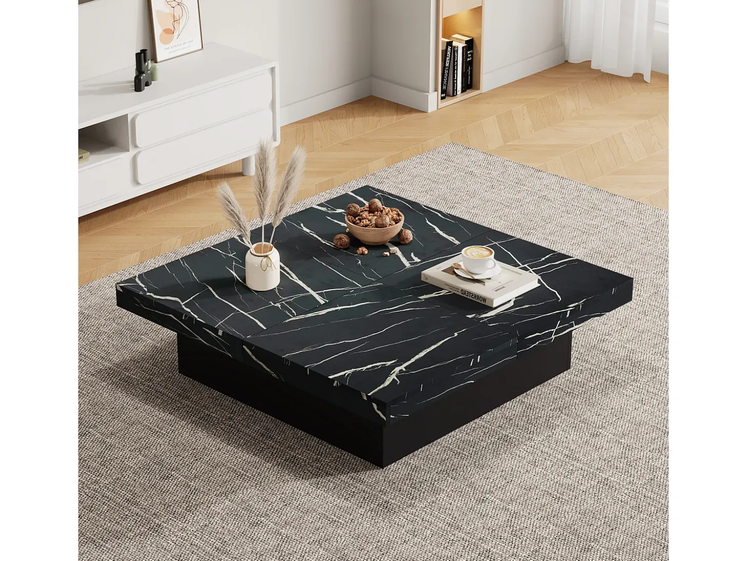Mesa de centro quadrada moderna - efeito mármore - 90x90x25 cm - 4 gavetas deslizantes - Preto