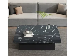 Mesa de centro quadrada moderna - efeito mármore - 90x90x25 cm - 4 gavetas deslizantes - Preto