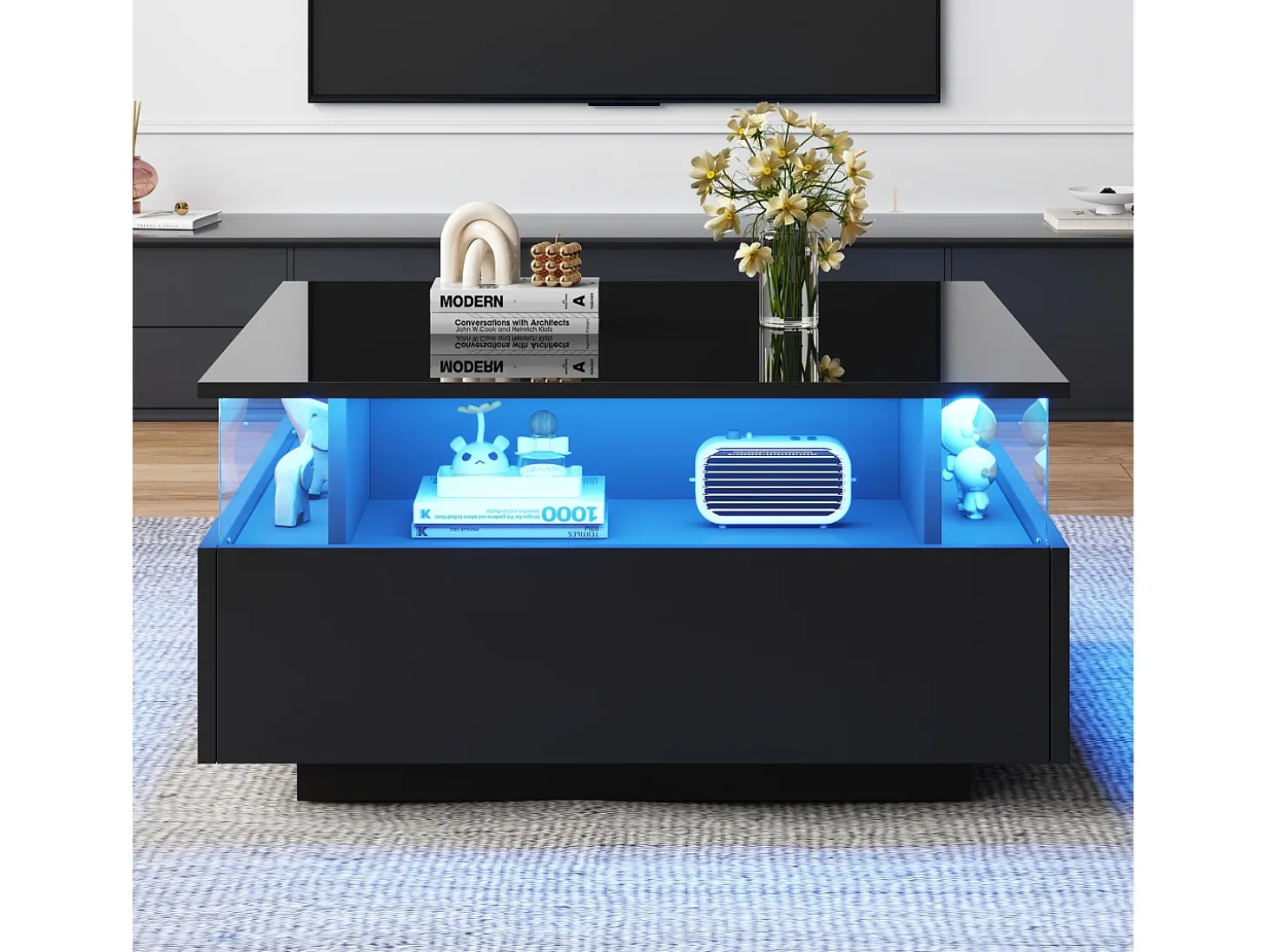 Mesa de centro quadrada 70x70x41cm com 2 gavetas e LED, corpo em laca preta brilhante
