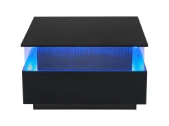 Mesa de centro quadrada 70x70x41cm com 2 gavetas e LED, corpo em laca preta brilhante