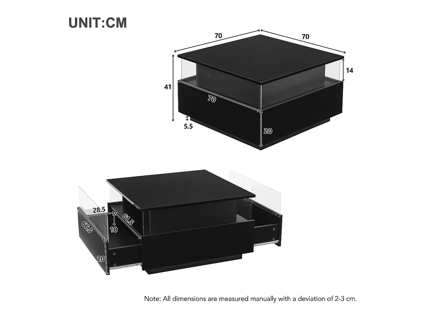Mesa de centro quadrada 70x70x41cm com 2 gavetas e LED, corpo em laca preta brilhante