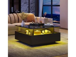 Mesa de centro quadrada 70x70x41cm com 2 gavetas e LED, corpo em laca preta brilhante