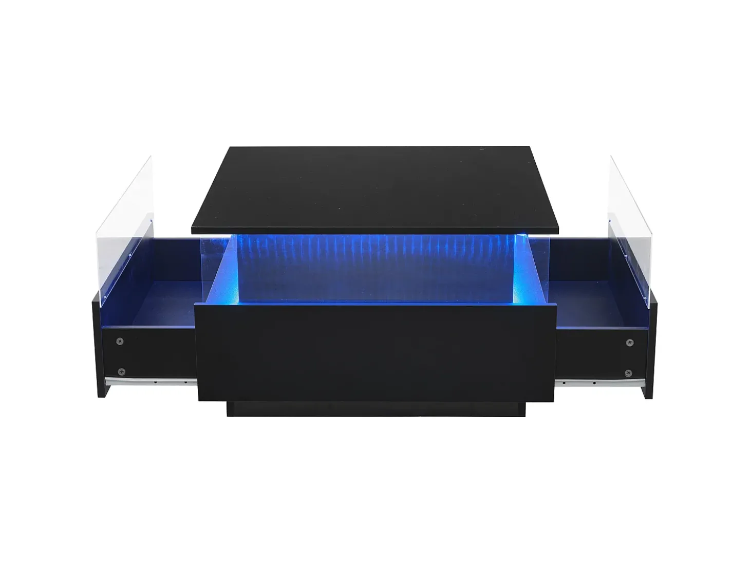 Mesa de centro quadrada 70x70x41cm com 2 gavetas e LED, corpo em laca preta brilhante