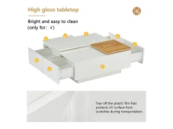 Mesa de centro quadrada 75x75x33,5cm - com 4 gavetas - Branco