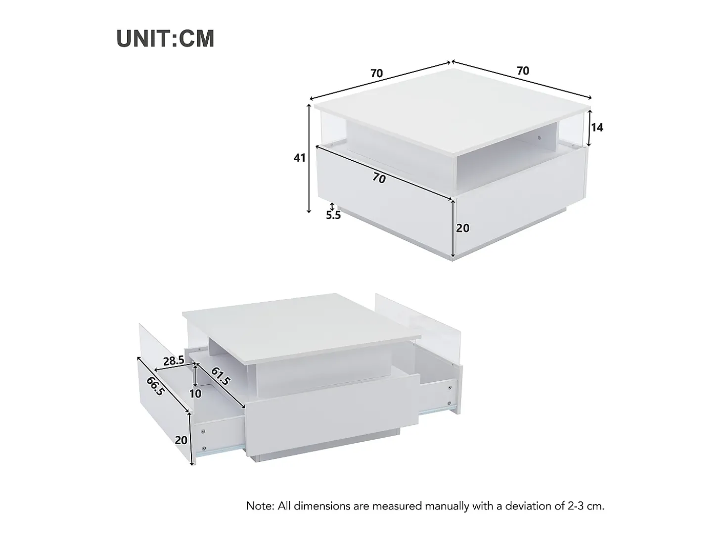 Mesa de centro quadrada 70x70x41cm com 2 gavetas e LED, corpo em laca branca brilhante
