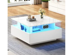 Mesa de centro quadrada 70x70x41cm com 2 gavetas e LED, corpo em laca branca brilhante