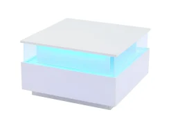 Mesa de centro quadrada 70x70x41cm com 2 gavetas e LED, corpo em laca branca brilhante