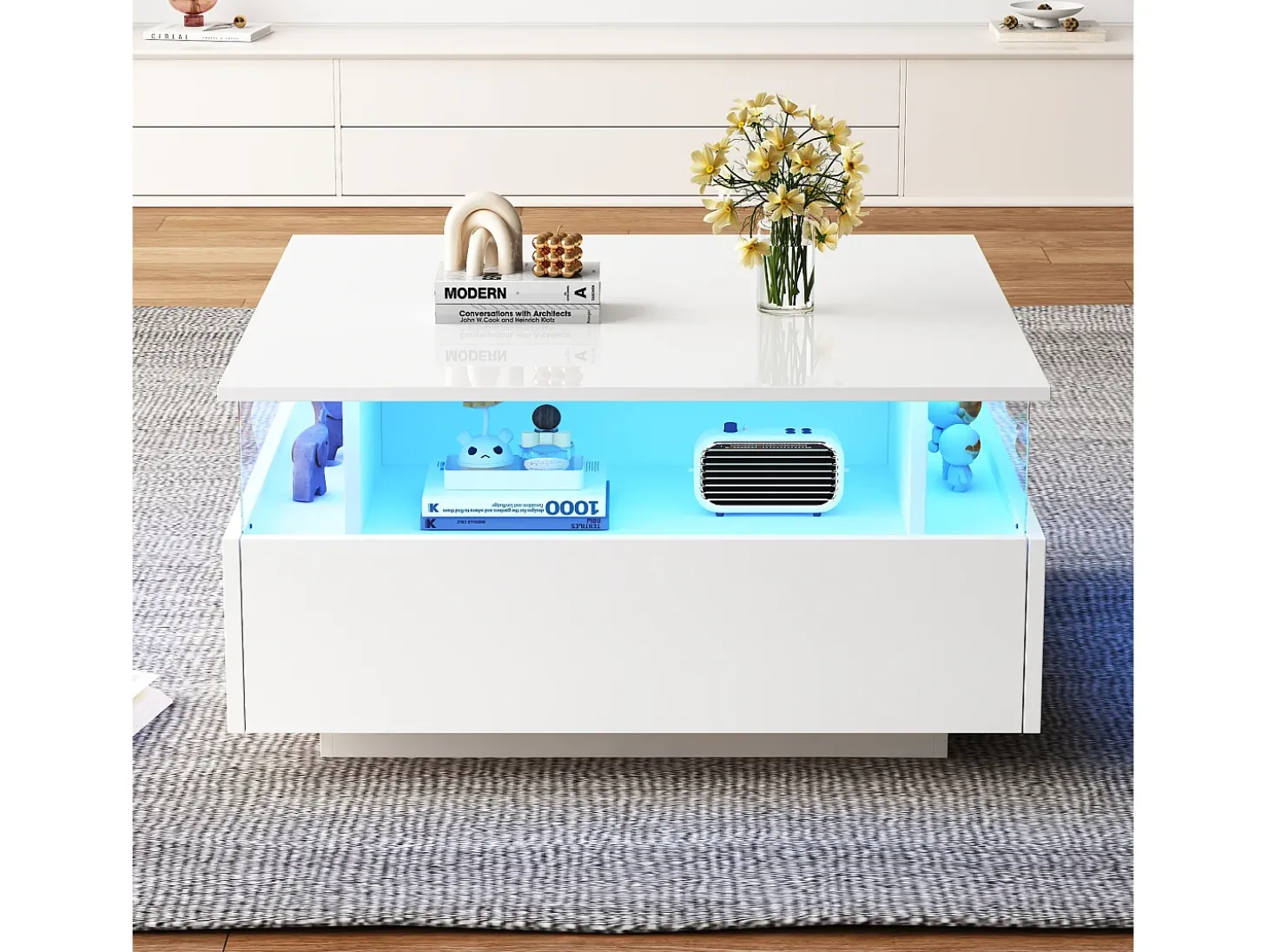 Mesa de centro quadrada 70x70x41cm com 2 gavetas e LED, corpo em laca branca brilhante