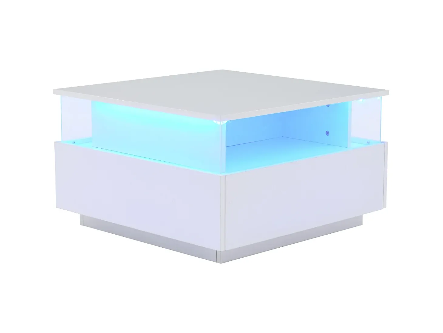 Mesa de centro quadrada 70x70x41cm com 2 gavetas e LED, corpo em laca branca brilhante