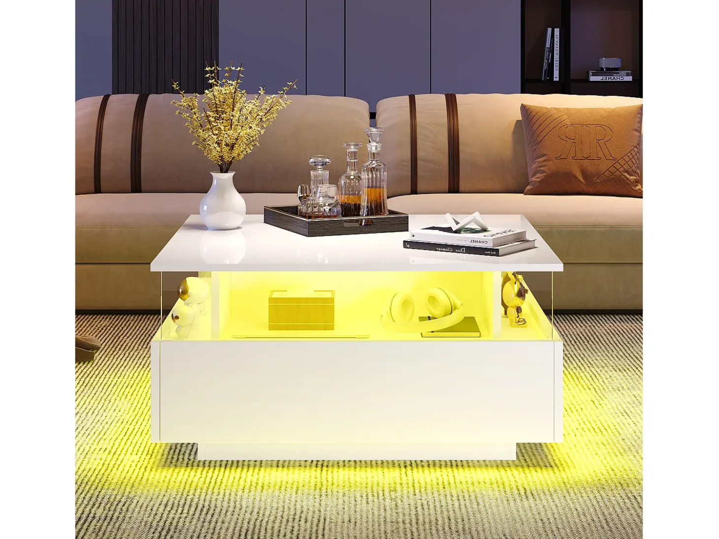 Mesa de centro quadrada 70x70x41cm com 2 gavetas e LED, corpo em laca branca brilhante