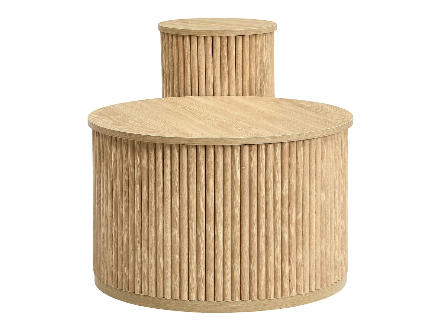 Mesa de centro redonda - Conjunto de 2 - Riscas verticais - Cor madeira - Para sala e quarto