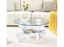 Mesa de centro redonda com pés em efeito mármore branco - Tampo em vidro