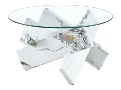 Mesa de centro redonda com pés em efeito mármore branco - Tampo em vidro