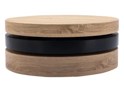 Mesa de centro redonda com 1 prateleira em MDF - Preto e natural claro - JANITA