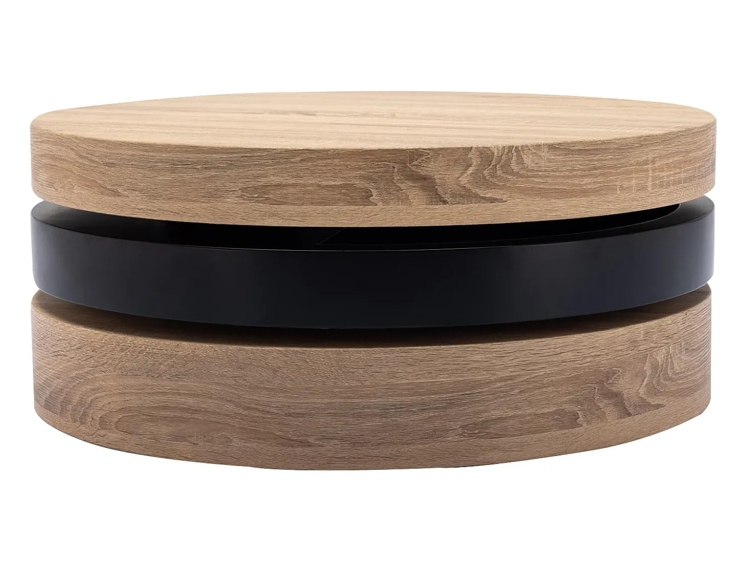 Mesa de centro redonda com 1 prateleira em MDF - Preto e natural claro - JANITA