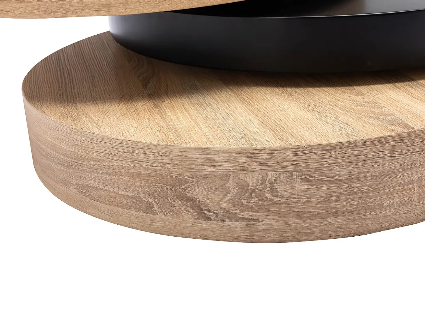 Mesa de centro redonda com 1 prateleira em MDF - Preto e natural claro - JANITA