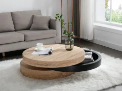 Mesa de centro redonda com 1 prateleira em MDF - Preto e natural claro - JANITA