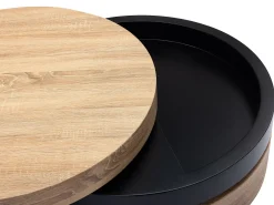 Mesa de centro redonda com 1 prateleira em MDF - Preto e natural claro - JANITA