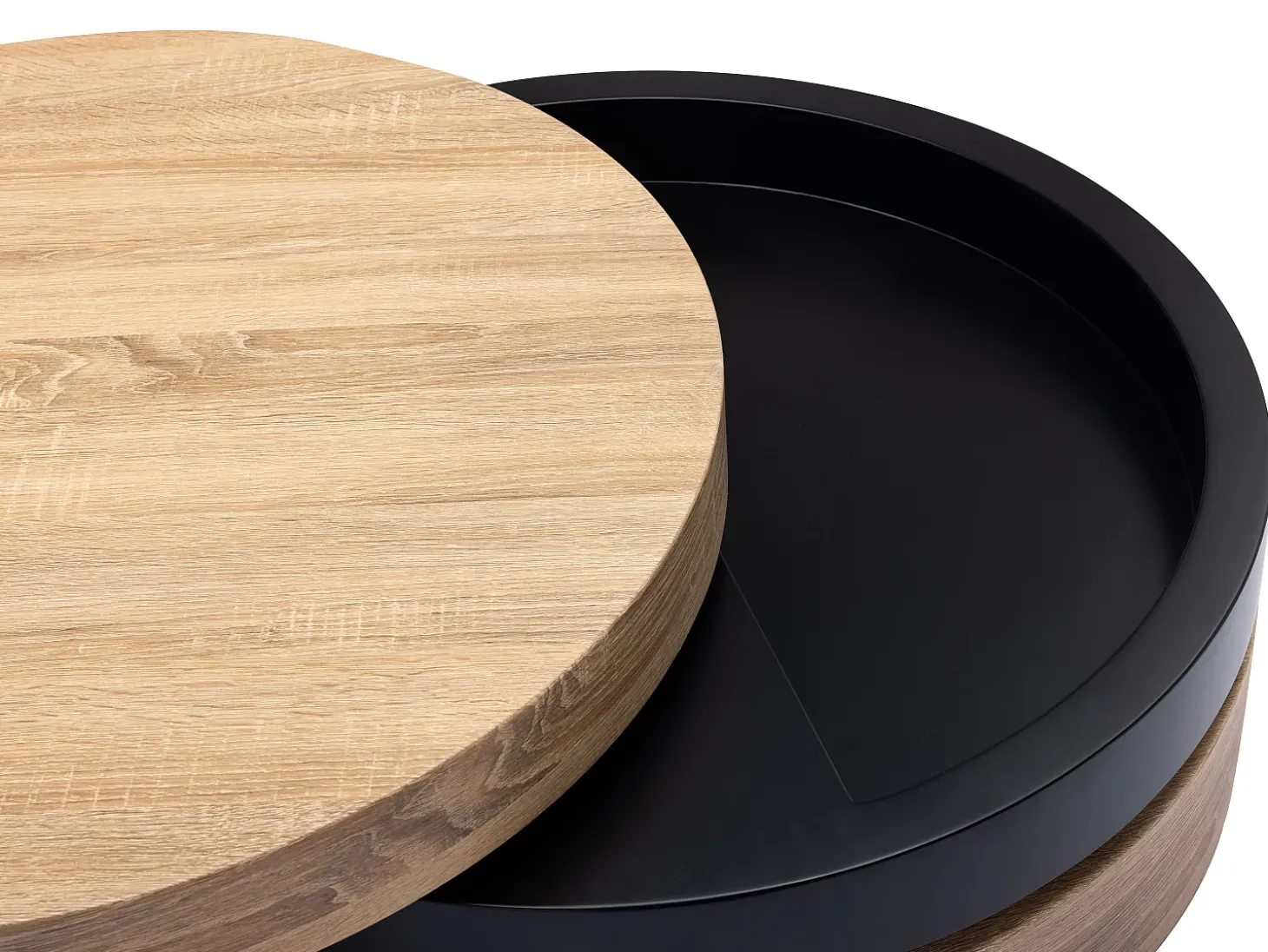 Mesa de centro redonda com 1 prateleira em MDF - Preto e natural claro - JANITA